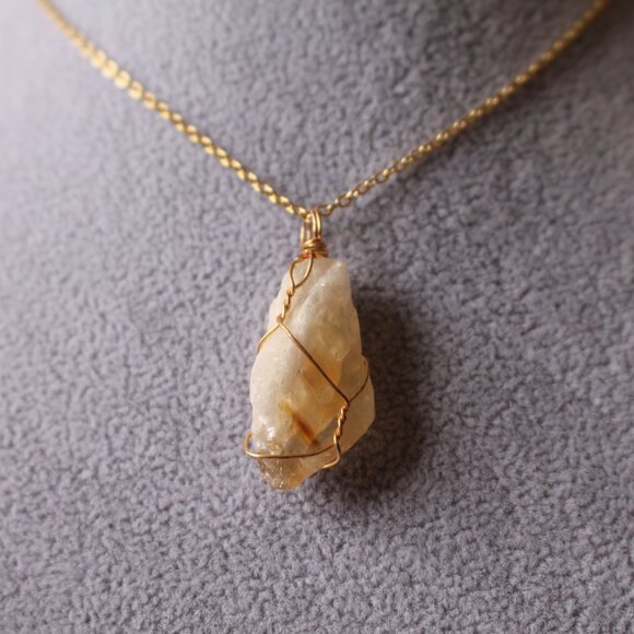 New Natural Citrine Wrapped Pendant Gold Chain Necklace - Picture 2 of 4